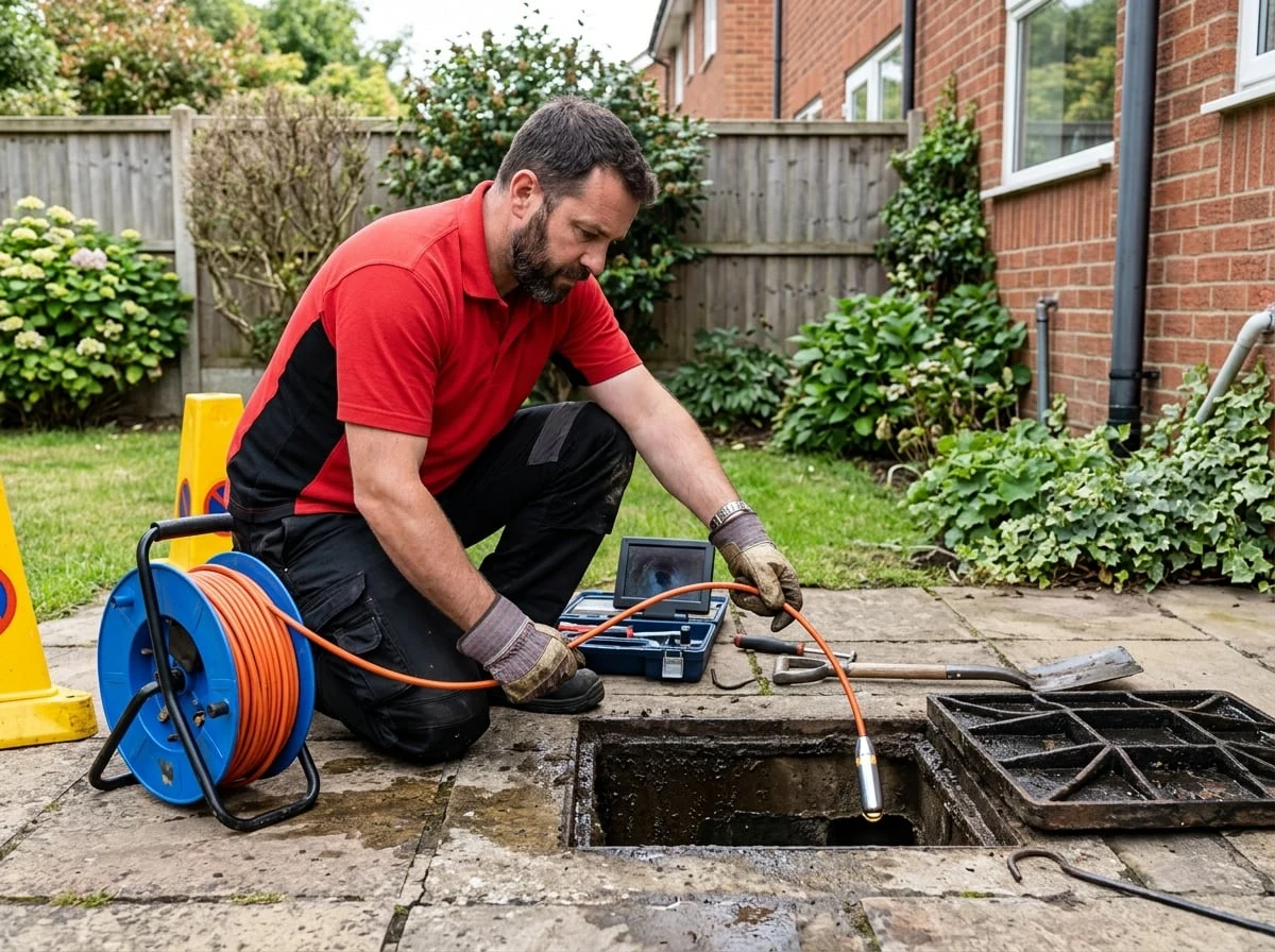 Kingston Plumbers 247 engineer using a CCTV drain camera to inspect a blocked drain in Kingston upon Thames