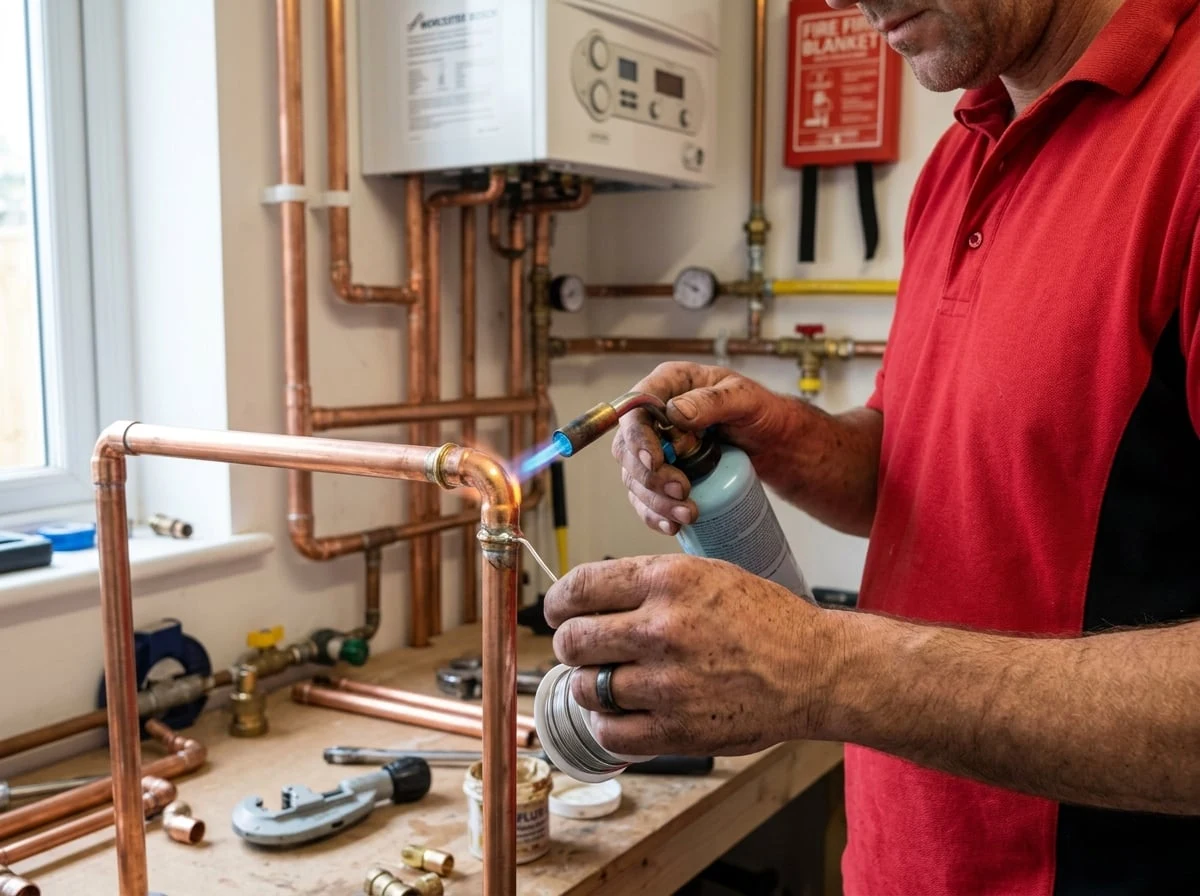 Kingston Plumbers 247 engineer soldering copper pipe fittings for a new boiler installation in Kingston upon Thames