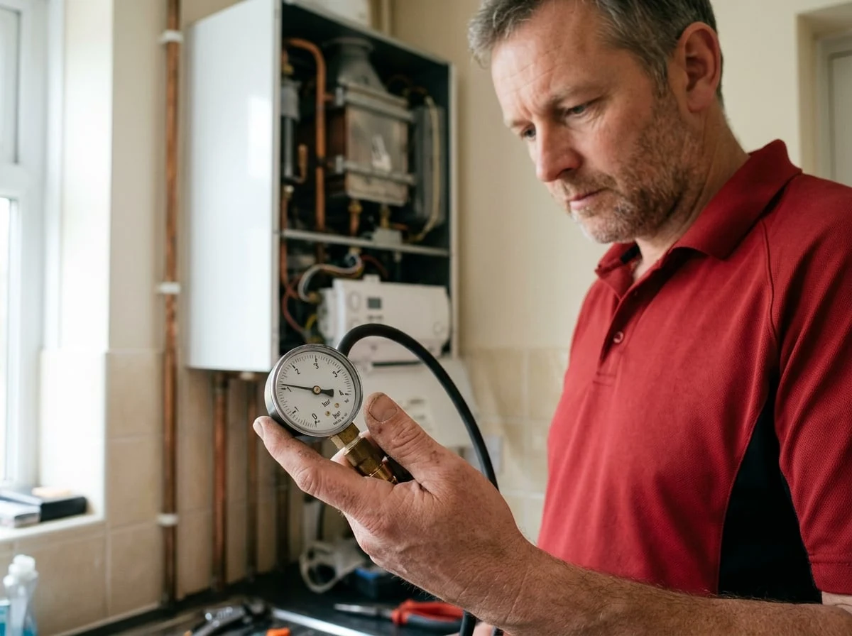 Kingston Plumbers 247 engineer checking boiler pressure with a gauge during a boiler repair in Kingston upon Thames