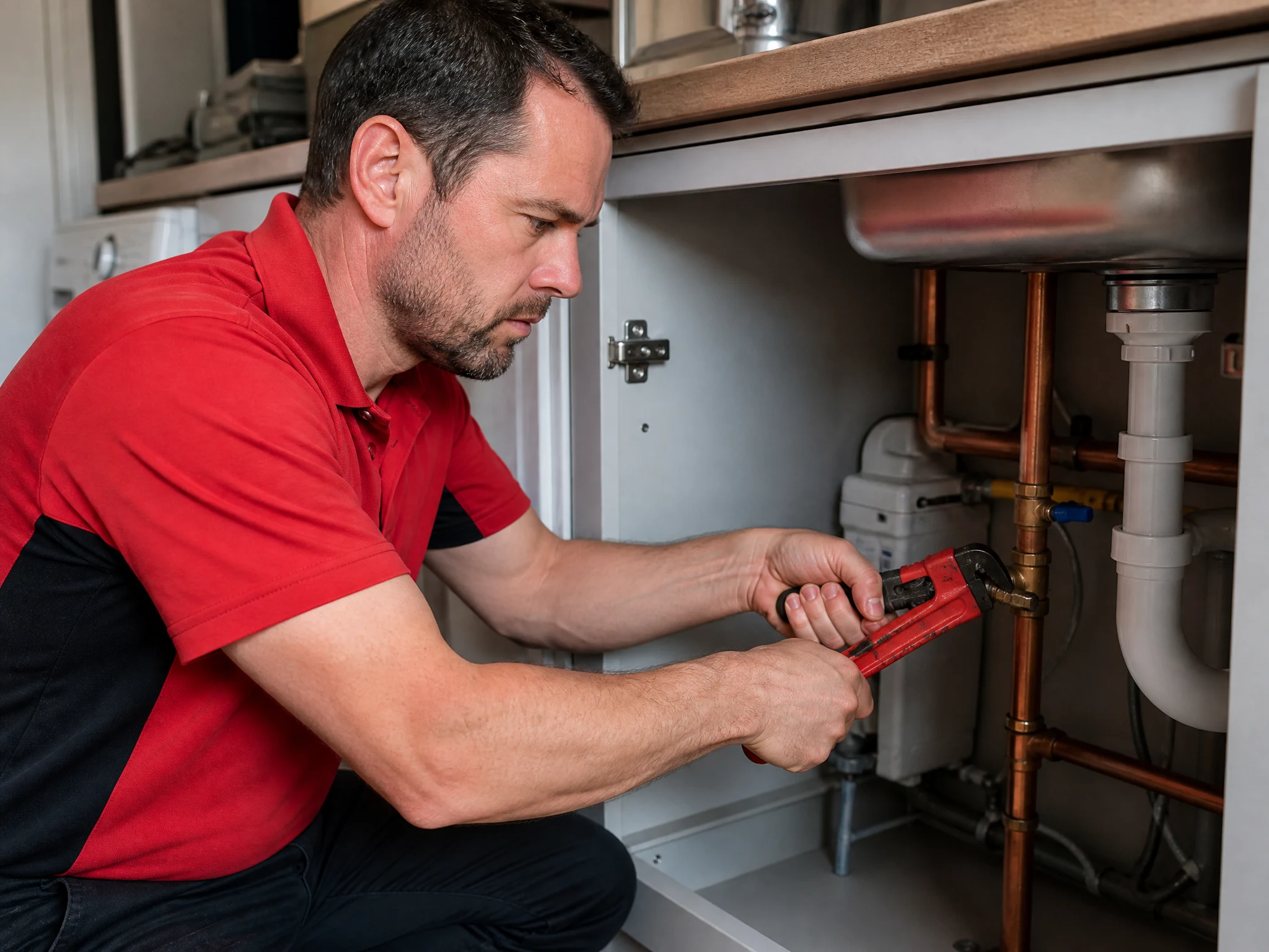 Kingston Plumbers 247 engineer tightening a stopcock under a sink during an emergency plumbing repair in Kingston upon Thames
